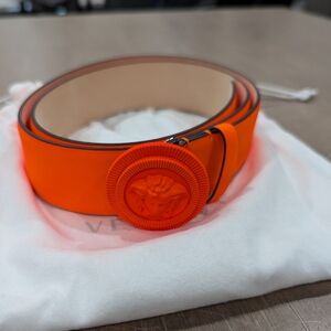 Mens VERSACE Biggie Medusa Fluorescent Leather Belt Orange